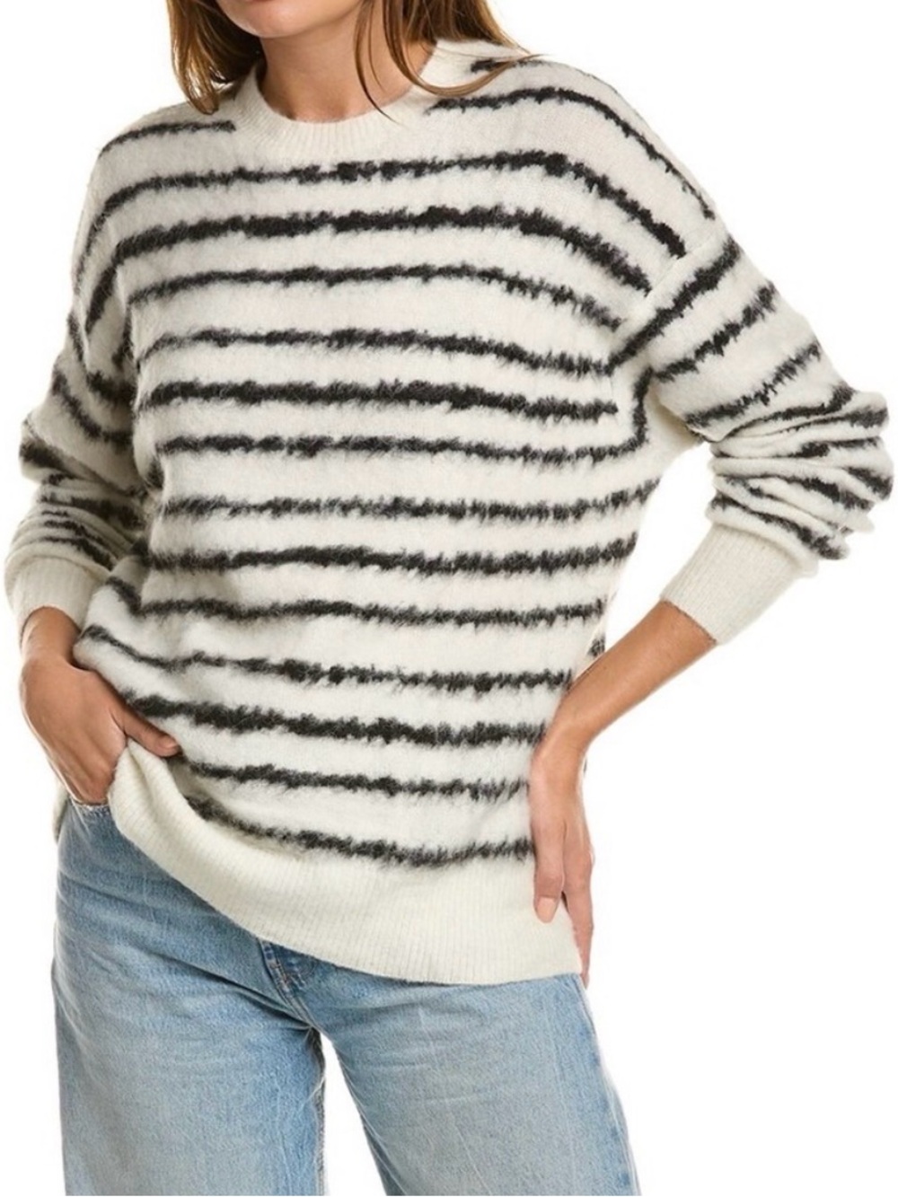 ALLSAINTS Wool Alpaca Blend Ivory-Black Striped Fuzzy Slouchy Crew Sweater XS
